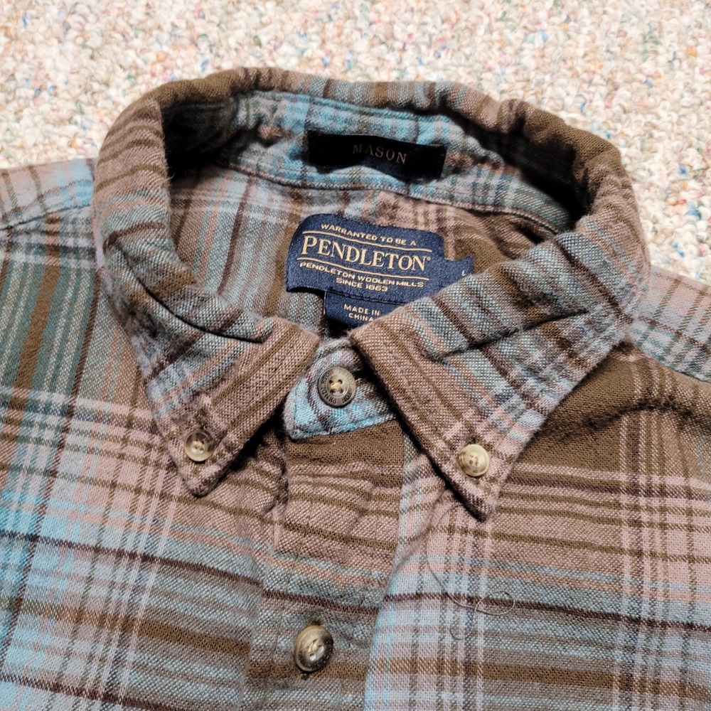 Pendleton Shirt Men Large Brown Blue Plaid Button Down Long Sleeve Hiking Mason - Picture 7 of 15